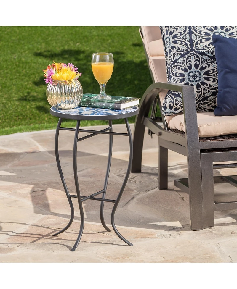 Clihome Outdoor Round Side Table with Mosaic-Style Top and Curved Iron Legs, End Table