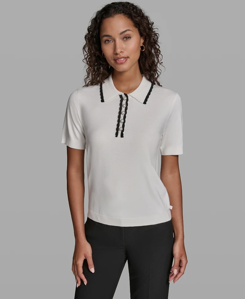 Karl Lagerfeld Paris Women's Short-Sleeve Collared Sweater