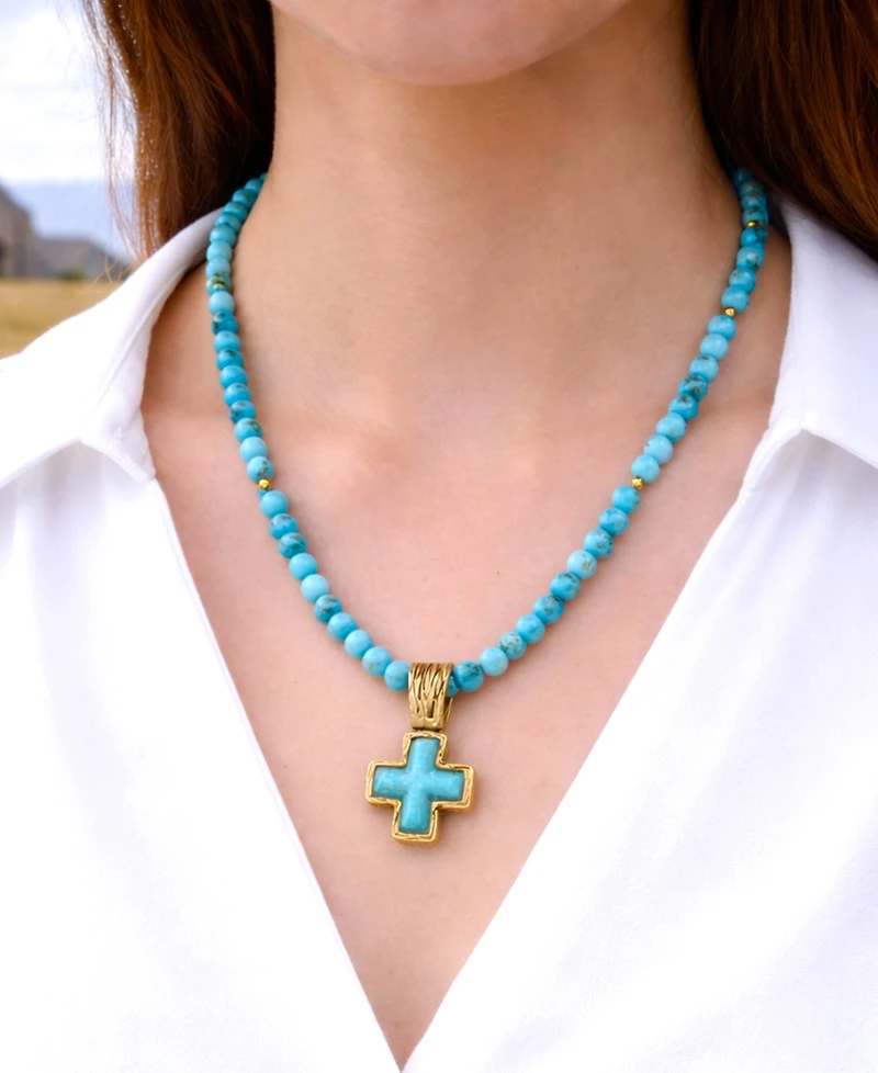 Barse Blue Turquoise Cross Golden Pendant Necklace