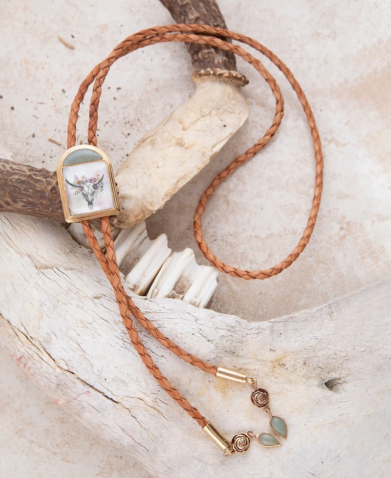 Barse Steer Skull Green Aventurine Golden Leather Bolo Necklace