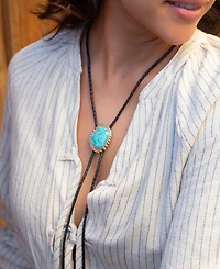 Barse Rawlins Blue Turquoise Black Leather Golden Bolo Necklace