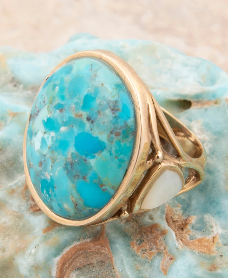 Barse Turquoise and White Mother of Pearl Blue Petal Golden Drop Ring
