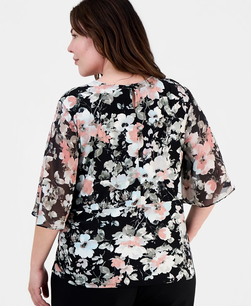 Kasper Plus Printed Knot-Front Flutter-Sleeve Top