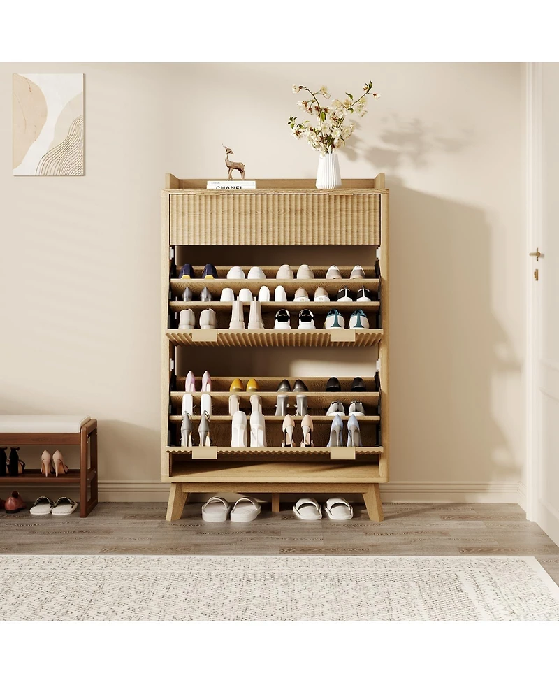 Homfan Fluted Shoe Cabinet with 2 Flip Drawers and Top Drawer, Deep Entryway Storage Organizer