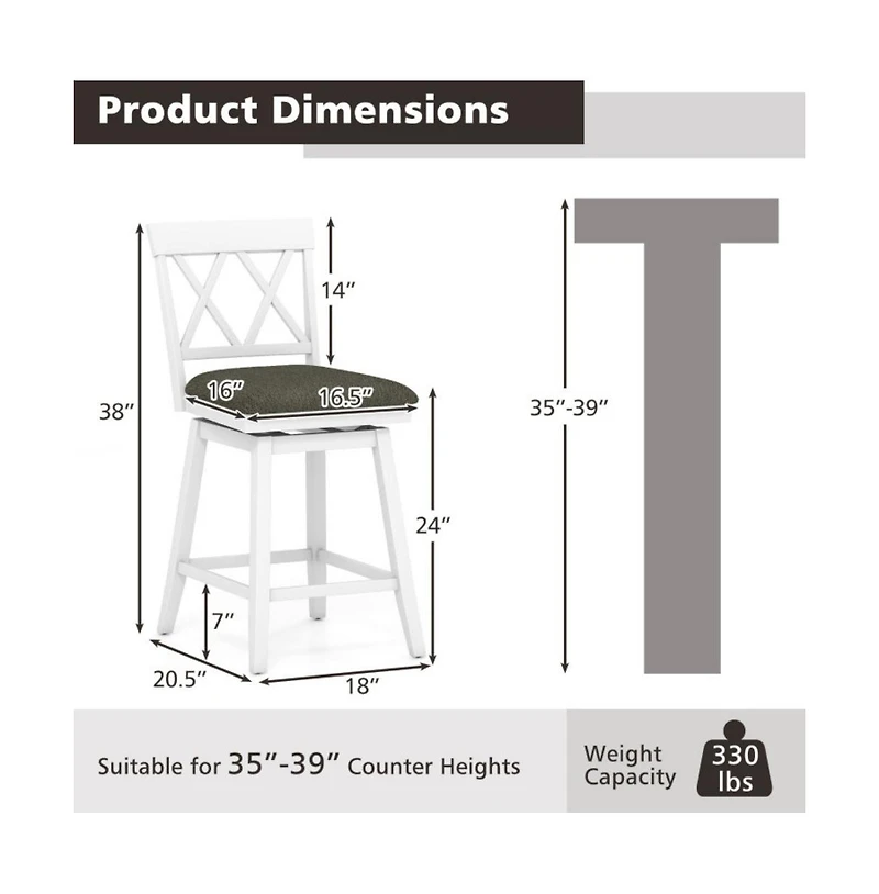 Gouun 24 in Swivel Counter Height Bar Stool Set of 2 with Linen Cushion and Curved Backrest
