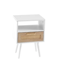 sumyeg Modern Rattan End Table with Drawer and Solid Wood Legs Nightstand Cabinet