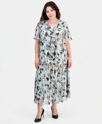 Kasper Plus Size Printed Ruffled Flutter Sleeve Blouse Printed Pull On Midi Skirt
