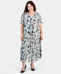 Kasper Plus Size Printed Ruffled Flutter Sleeve Blouse Printed Pull On Midi Skirt