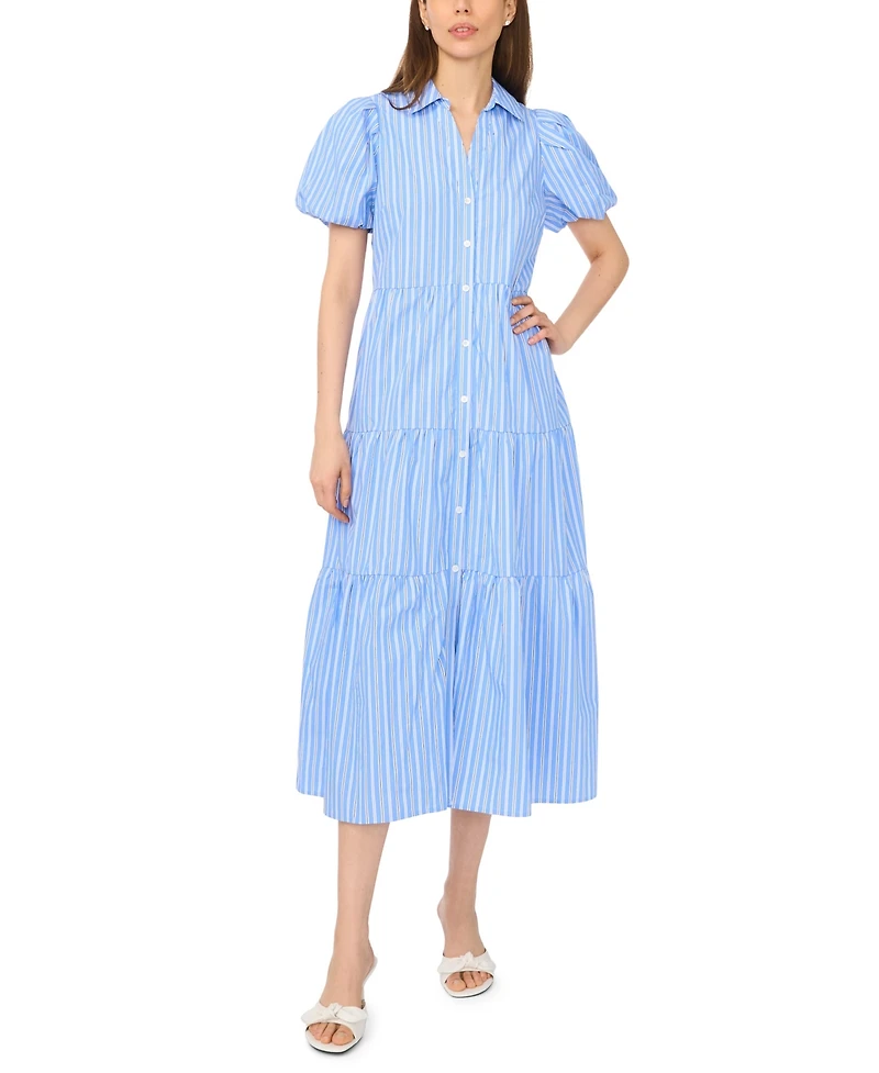 CeCe Women's Short-Sleeve Collared Midi Tiered Cotton Shirt Dress