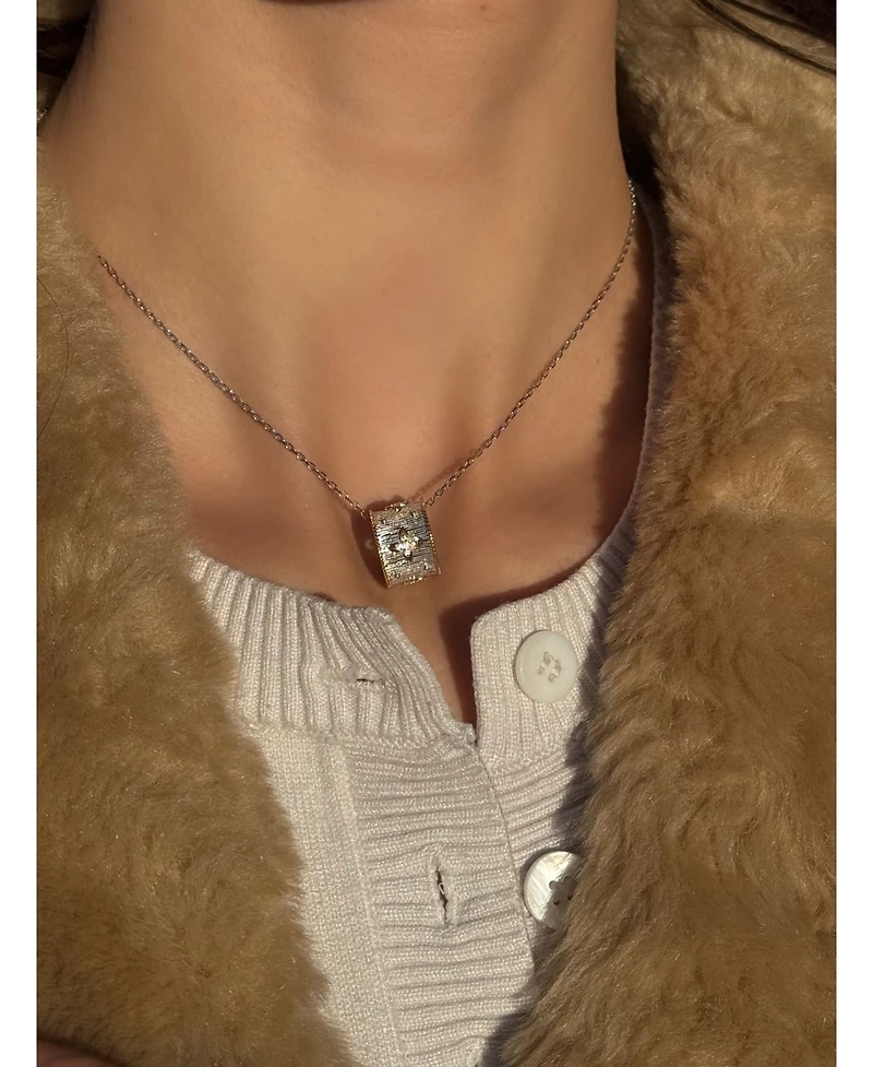 Suzy Levian Sterling Silver Cubic Zirconia Brushed Italian Florentine Barrel Loop Pendant