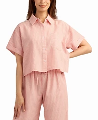 Bcx Women's Mini Striped Collared Neck Shirt