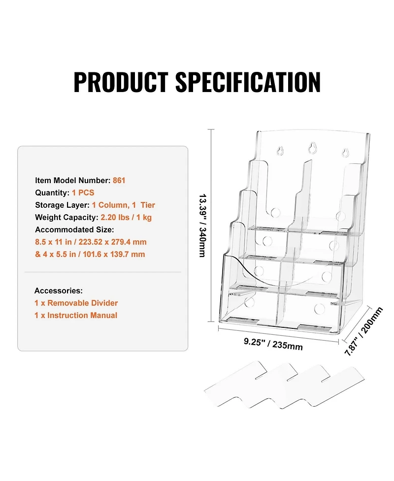 Sugift Acrylic Brochure Holder 8.5 x 11 in 4-Tier Display Stand Office Organizer