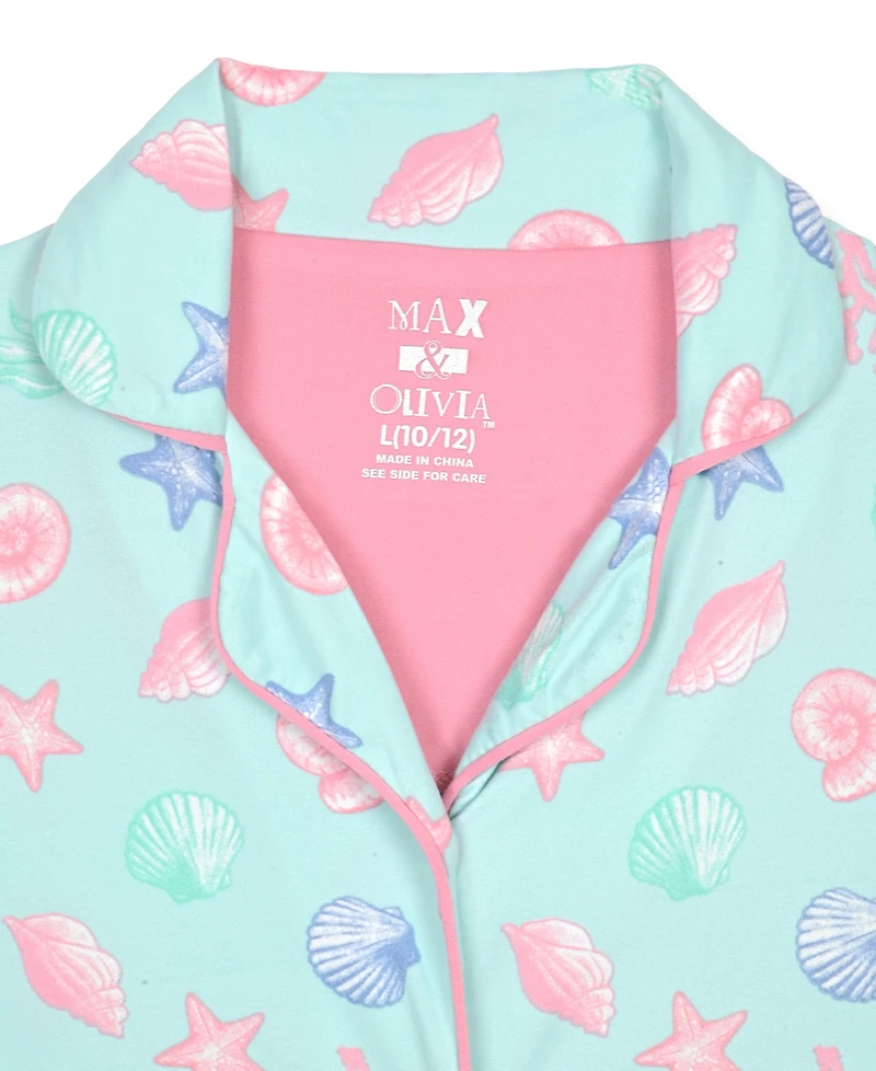 Max & Olivia Girls' 6-16 Aqua Seashell Top and Shorts Sleep Play, with Scrunchie, 3-Piece Set