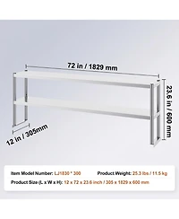 Sugift Adjustable Stainless Steel Double Overshelf 12 x 72 in for Kitchen and Workshop