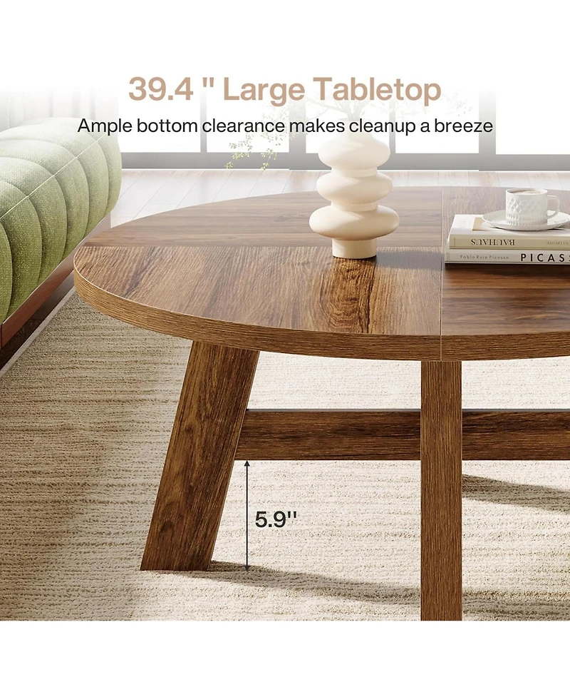 Tribesigns Round Coffee Table, 39" Mid Century Modern Circle Coffee Tables with Reinforced Cross Brace