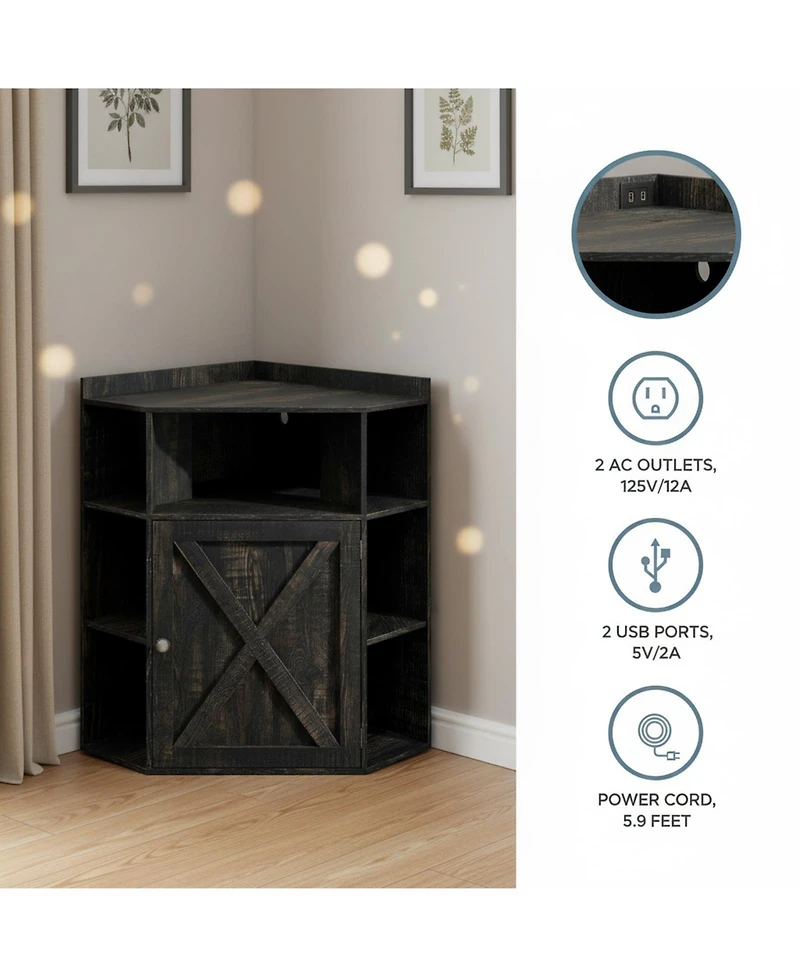 Yigii Industrial Corner Storage Shelf with Charging Station 6-Cubby Wooden Organizer for Small Spaces