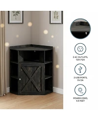 Yigii Industrial Corner Storage Shelf with Charging Station 6-Cubby Wooden Organizer for Small Spaces