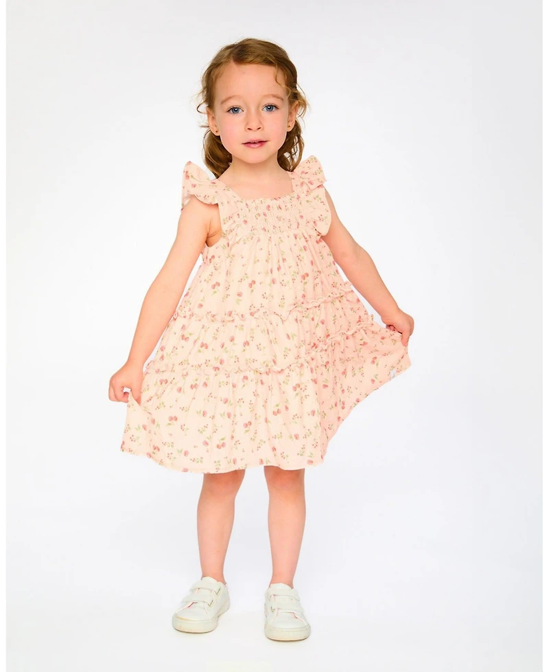Deux par Deux Little Girls Multi-Tiered Dress with Smocking Pink Printed Flowers