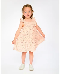 Deux par Deux Little Girls Multi-Tiered Dress with Smocking Pink Printed Flowers