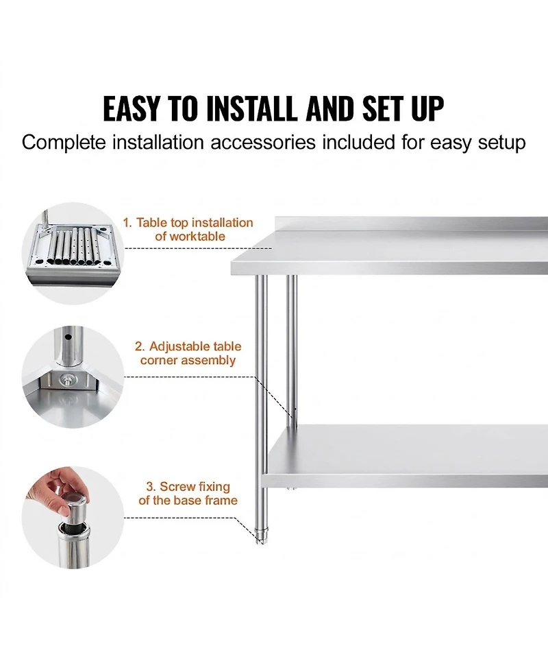 Sugift Stainless Steel Heavy Duty Prep Work Table 24 x 72 x 36 in for Kitchen