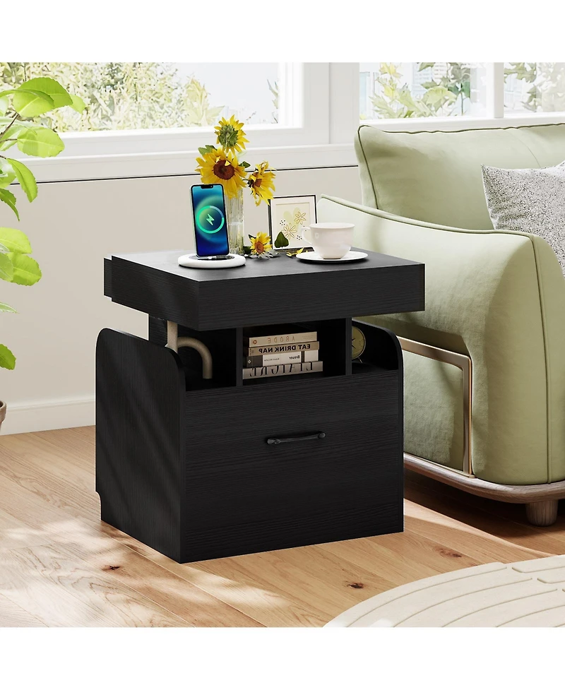 sumyeg Nightstand with Charging Station Modern Bedside Table for Living Room Bedroom Office