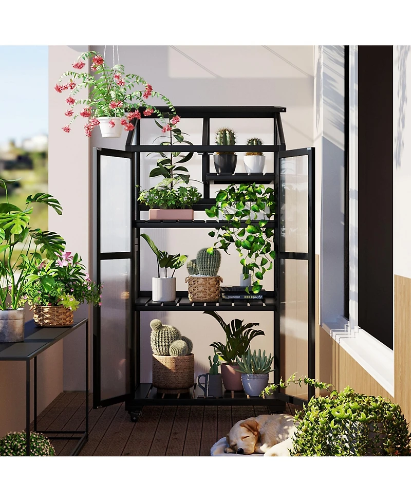sumyeg 62inch Outdoor Height Wood Large Greenhouse Balcony Portable Cold Frame with Wheels and Adjustable Shelves