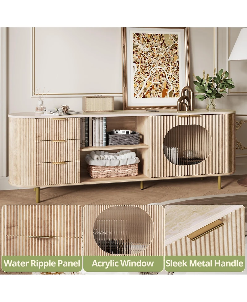 Rainsken 69" Curved Tv Stand for TVs Up to 80 Inches, Modern Media Console Table with Wavy Acrylic Doors and Large Storage for Living Room