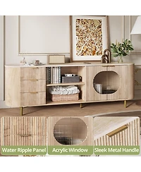 Rainsken 69" Curved Tv Stand for TVs Up to 80 Inches, Modern Media Console Table with Wavy Acrylic Doors and Large Storage for Living Room