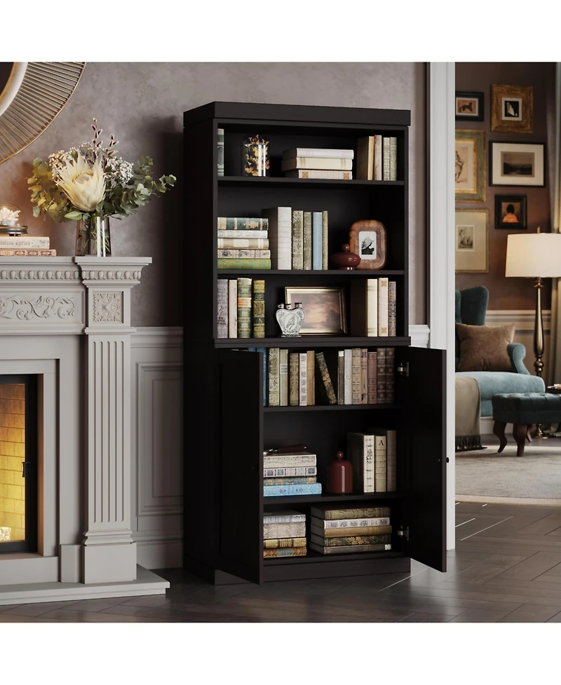 Palace Imports Premium 100% Solid European Oak Hardwood 6-Shelf Modular Bookcase with Bottom Shaker Doors.