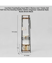 Yigii Freestanding Hall Tree Coat Rack 7 Hooks 3 Shelves Industrial Style