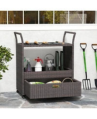 sumyeg Outdoor Wicker Bar Cart with Tempered Glass Top