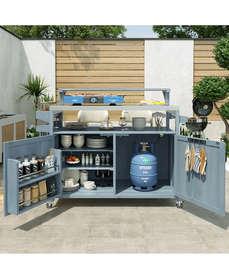 sumyeg 53.3inch Outdoor Kitchen Island with Raised Shelf, Solid Wood Storage Cabinet, Rolling Grill Cart with Rack, Adjustable Shelf and Spice Rack