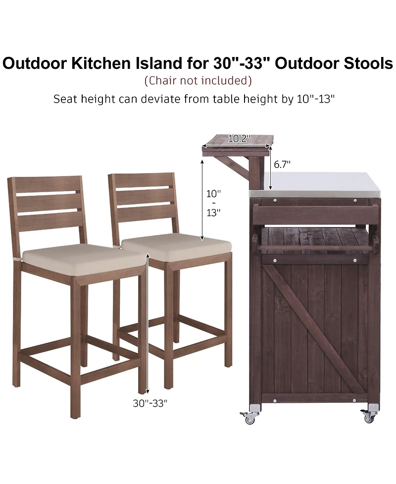 sumyeg 53.3inch Outdoor Kitchen Island with Raised Shelf, Solid Wood Storage Cabinet, Rolling Grill Cart Rack, Adjustable Shelf and Spice Rack