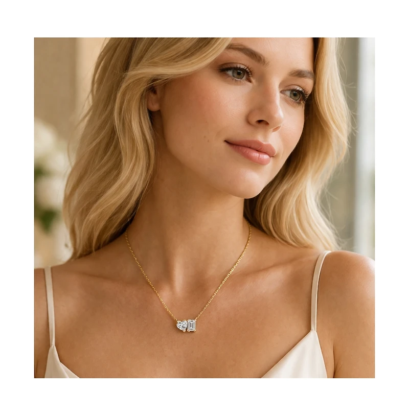 Dloria 2 ct. t.w. Toi et Moi Moissanite Necklace (Heart and Emerald-Cut, Color D, Fl Clarity) in Gold Vermeil