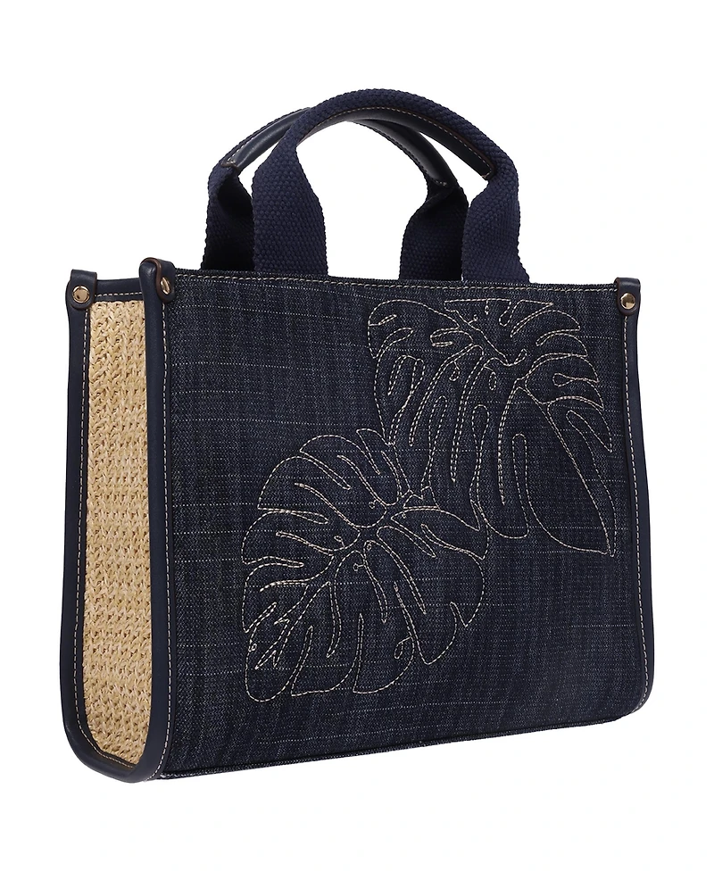 Tommy Bahama Dorothy Medium Denim Tote – Embroidered Leaf Convertible Top Handle and Crossbody Bag