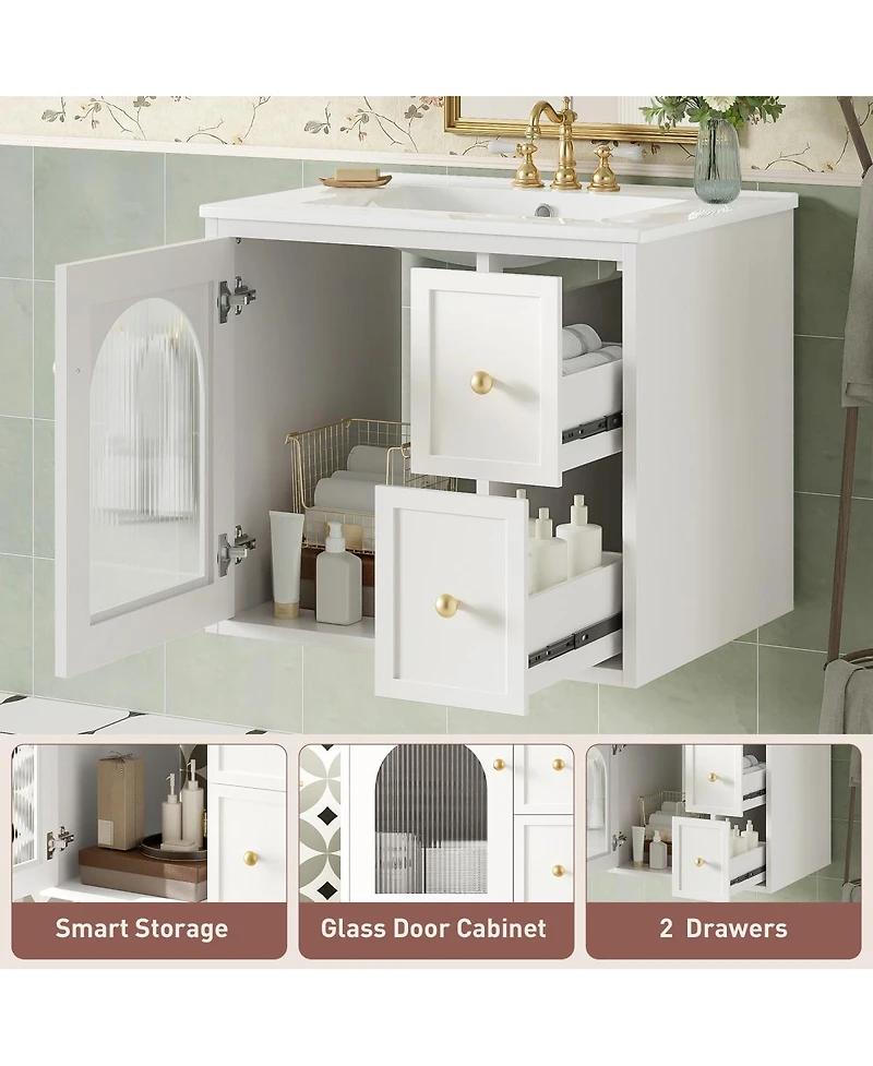 Sillysis 24" Wall Mount Bathroom Vanity with Glass Door, Ceramic Sink & 2 Drawers, Space Saving Storage for Small Bathrooms-Sillysis