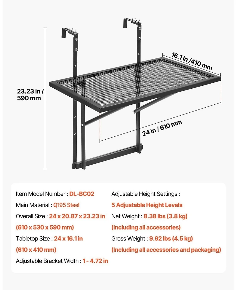 Sugift Adjustable Balcony Hanging Table 19 x 24 in for Patio Deck and Balcony Use