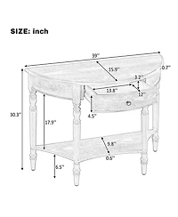 Rainsken Farmhouse Curved Console Table, Half Moon Accent Table with Storage Drawer and Lower Shelf, Sofa Table for Entryway, Living Room
