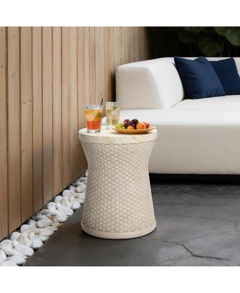 LuxenHome 18.7" Woven Texture Outdoor Side Table with Storage, Round Patio Table with Ice Bucket for Garden, Balcony