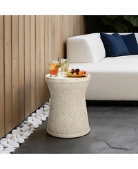 LuxenHome 18.7" Woven Texture Outdoor Side Table with Storage, Round Patio Table with Ice Bucket for Garden, Balcony