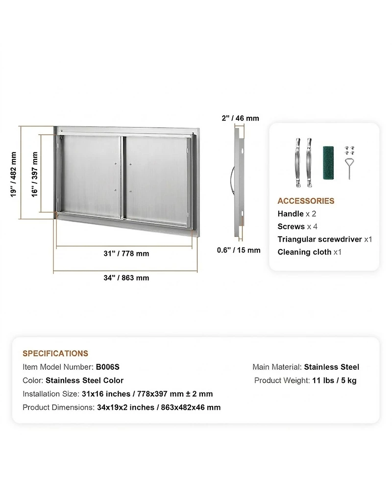 Sugift 34W x 19H in Double Stainless Steel Bbq Access Door for Bbq Island Grilling