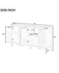 Rainsken Retro Storage Sideboard, 4-Door Buffet Cabinet with Circular Groove Design and Round Metal Handles for Living Room and Dining Room
