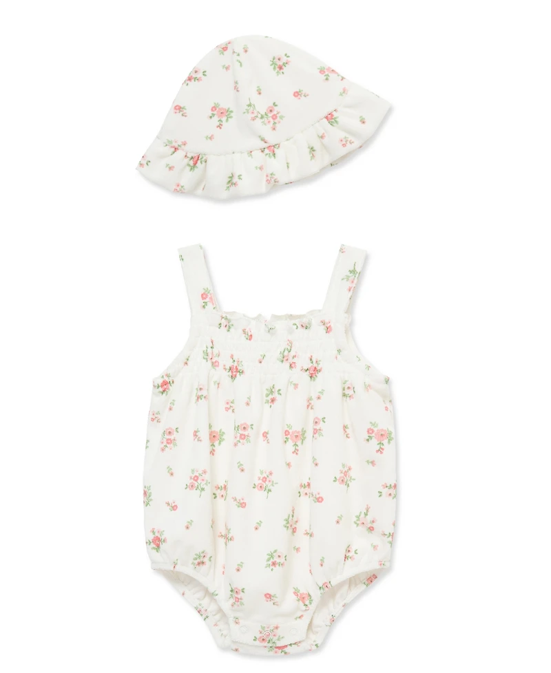 Little Me Baby Girls' Embroidered Romper and Hat, 2-Piece Set