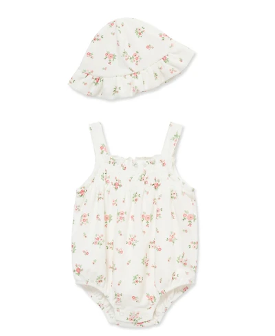 Little Me Baby Girls' Embroidered Romper and Hat, 2-Piece Set