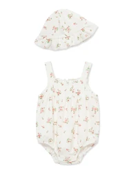 Little Me Baby Girls' Embroidered Romper and Hat, 2-Piece Set