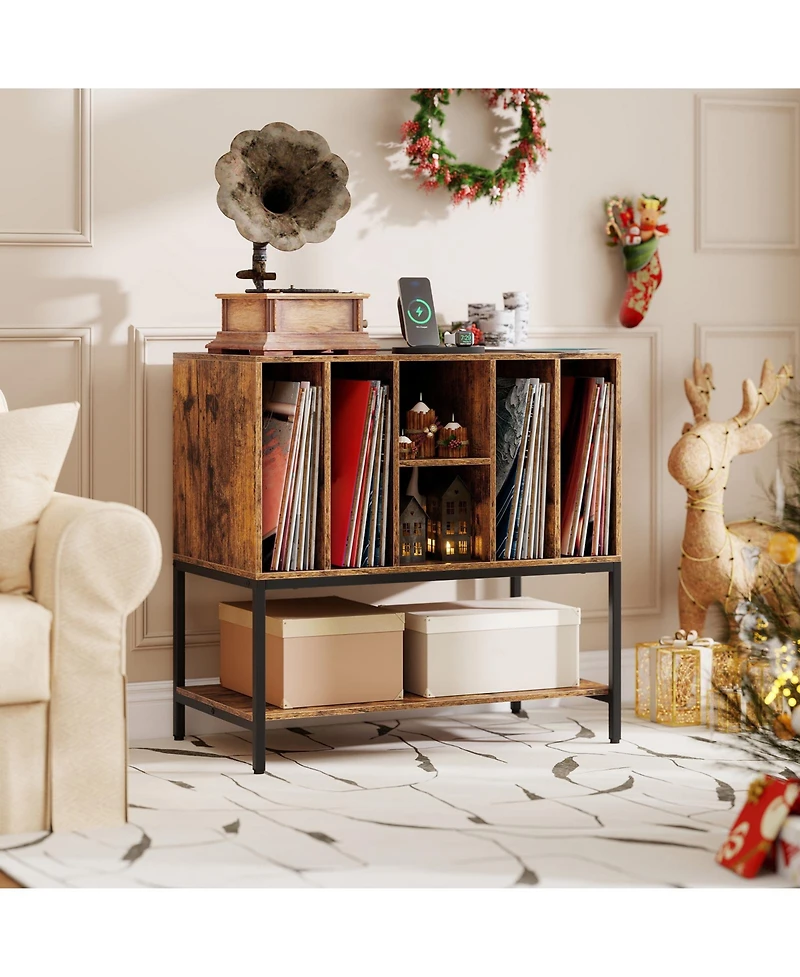 Gouun Record Player Stand with Charging Station and Six Vinyl Compartments
