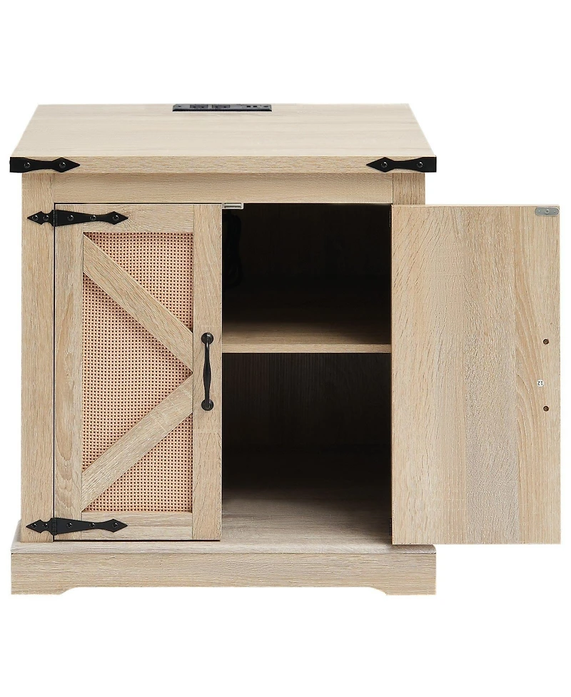 Gouun Farmhouse Rattan Storage End Table 24-Inch with Usb Ports