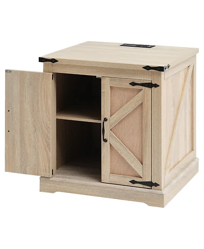 Gouun Farmhouse Rattan Storage End Table 24-Inch with Usb Ports