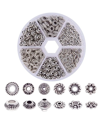 Gnuadz 300pcs 6 Style Tibetan Metal Alloy Spacer Beads Tube Flower Flat Rondelle Bracelet Necklace Earring Jewelry Making