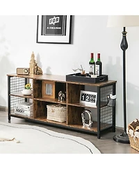 Sugift Mid-Century Wooden Tv Stand with Storage Basket for TVs up to 65 Inch-Rustic